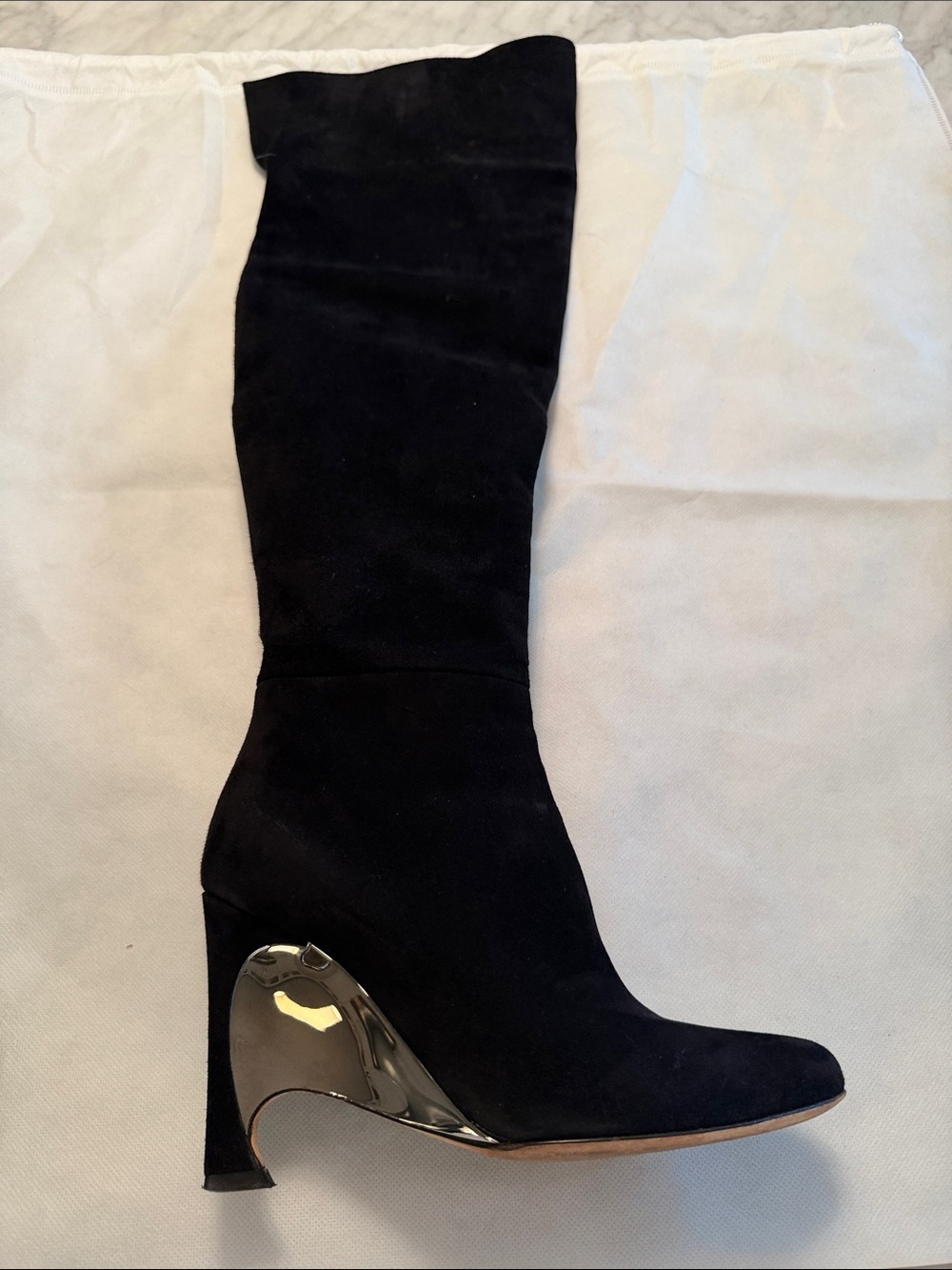 Dior Black Suede Knee-High Boot with Sculpted Metallic Heel
